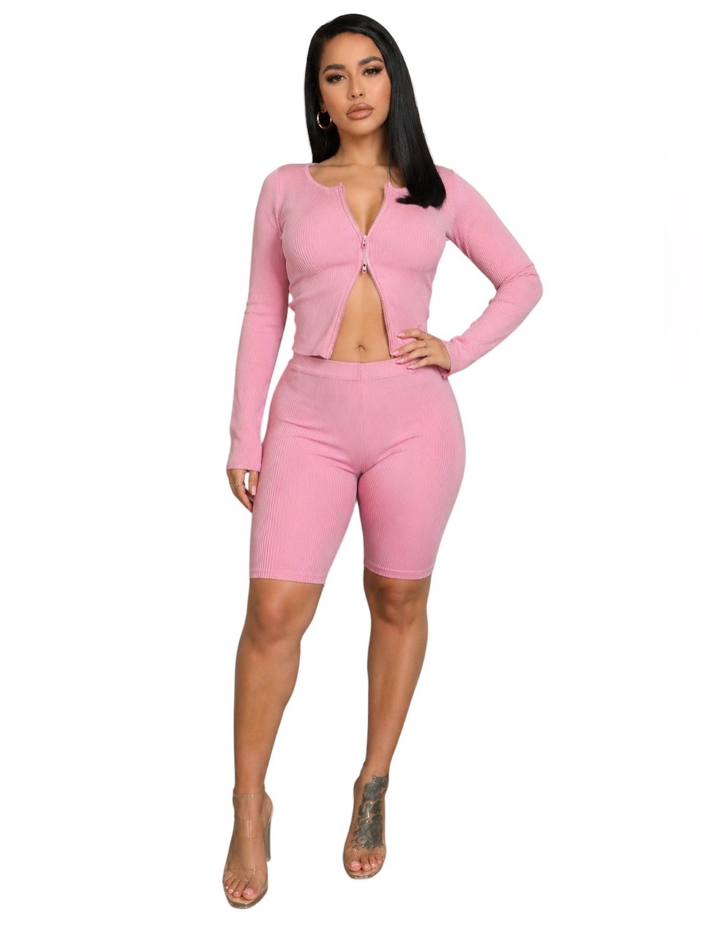 Pink Ribbed Two-Piece Zip Front Lounge Set - Picture 2 of 8